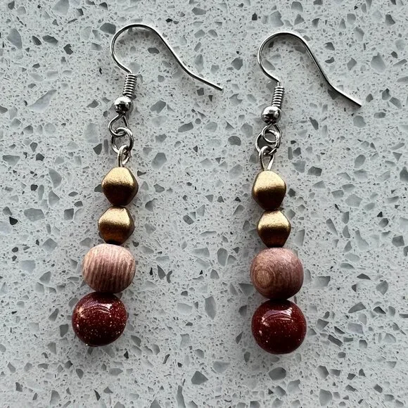 Handmade Brown and Gold Dangling Earrings - Picture 2 of 5